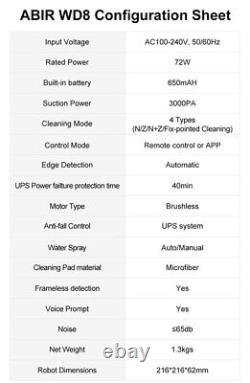 Aspirateur Robot pour Fenêtres ABIR WD8, Spray d'Eau Double, Capteur Laser, Maison Intelligente