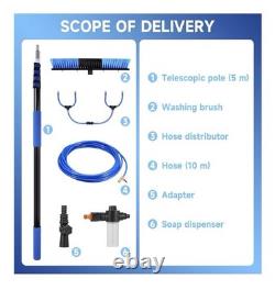 Système de nettoyage de fenêtres à eau avec perche télescopique de 5 m et kit de brossage.